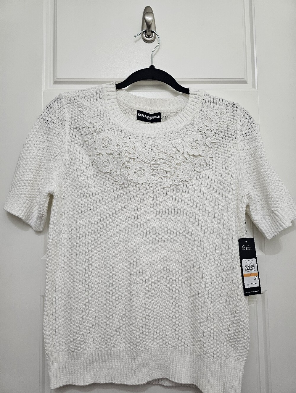 Karl Lagerfeld White Short-Sleeve Knit Top with Floral Appliqué
